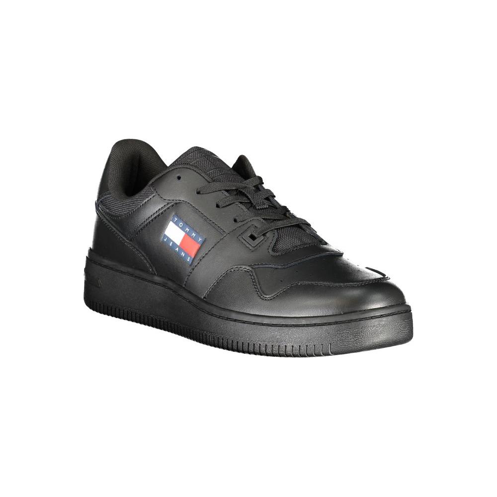 Tommy Hilfiger black polyester sneaker with laces, contrast details, and logo print, ideal sports footwear choice.