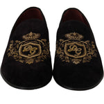 Dolce & Gabbana Elegant Black Loafers with Gold Crown Embroidery Dolce & Gabbana Black