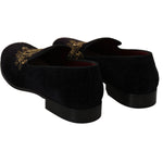 Dolce & Gabbana Elegant Black Loafers with Gold Crown Embroidery Dolce & Gabbana Black