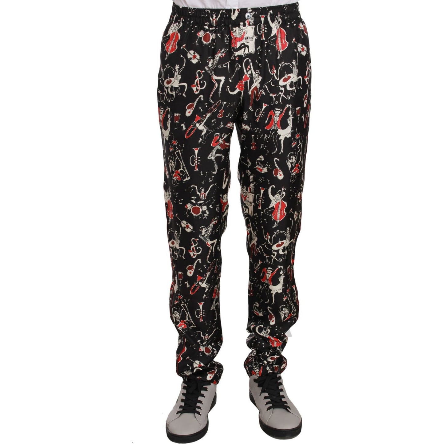 Dolce & Gabbana Elegant Black Silk Lounge Pants with Red Print Dolce & Gabbana Dark Gray