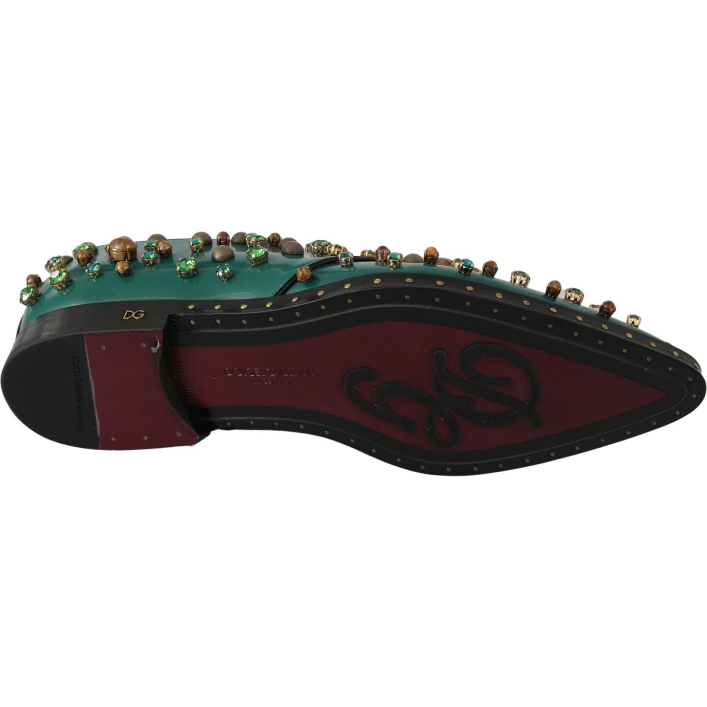 Dolce & Gabbana Dolce & Gabbana Emerald Leather Dress Shoes with Crystal Accents LA7212-41 1728,67345645728,Dolce & Gabbana,EU41/US10.5,Flat Shoes - Women - Shoes,Green,Material: Leather,New with tags,Women