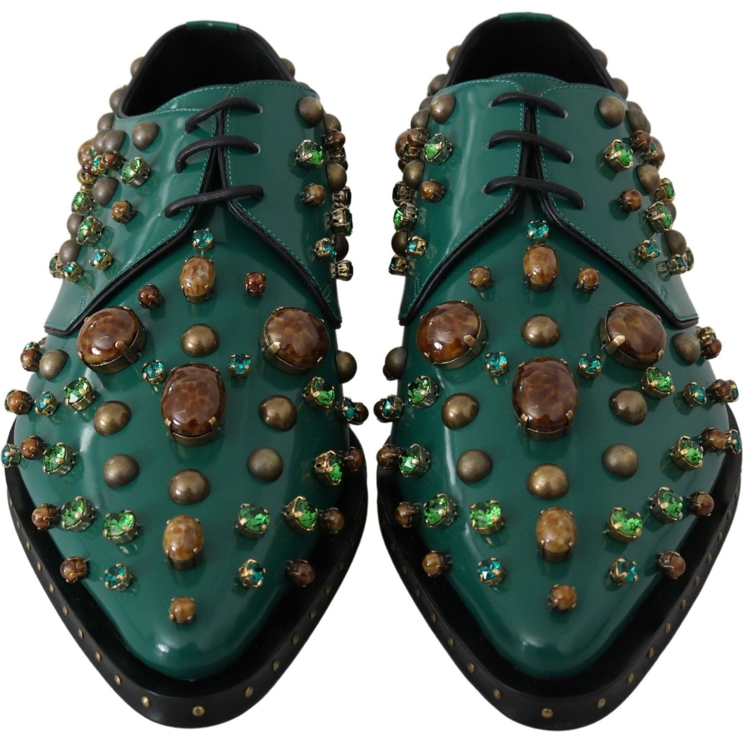 Dolce & Gabbana Dolce & Gabbana Emerald Leather Dress Shoes with Crystal Accents LA7212-41 1728,67345645728,Dolce & Gabbana,EU41/US10.5,Flat Shoes - Women - Shoes,Green,Material: Leather,New with tags,Women