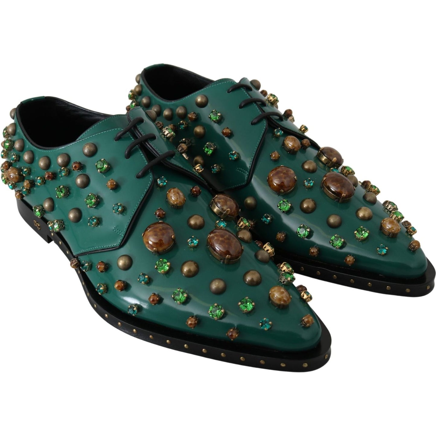 Dolce & Gabbana Dolce & Gabbana Emerald Leather Dress Shoes with Crystal Accents LA7212-41 1728,67345645728,Dolce & Gabbana,EU41/US10.5,Flat Shoes - Women - Shoes,Green,Material: Leather,New with tags,Women
