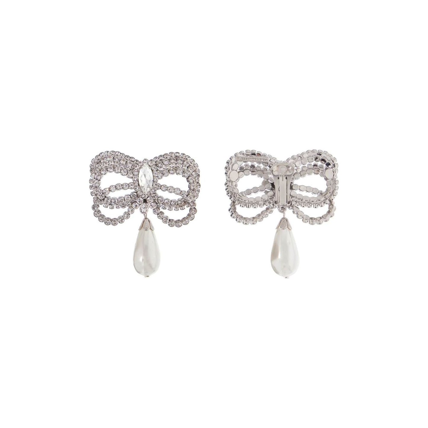 Alessandra Rich hypoallergenic brass earrings in silver with bow and drop pearl