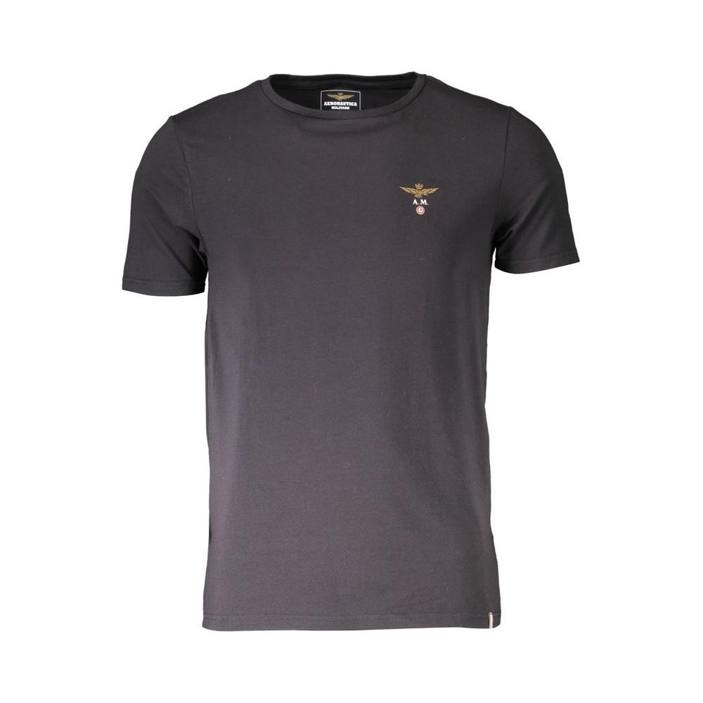 Aeronautica Militare black cotton men's T-shirt with logo, crew neck, and short sleeves, offering style and comfort. Perfect casual wear.