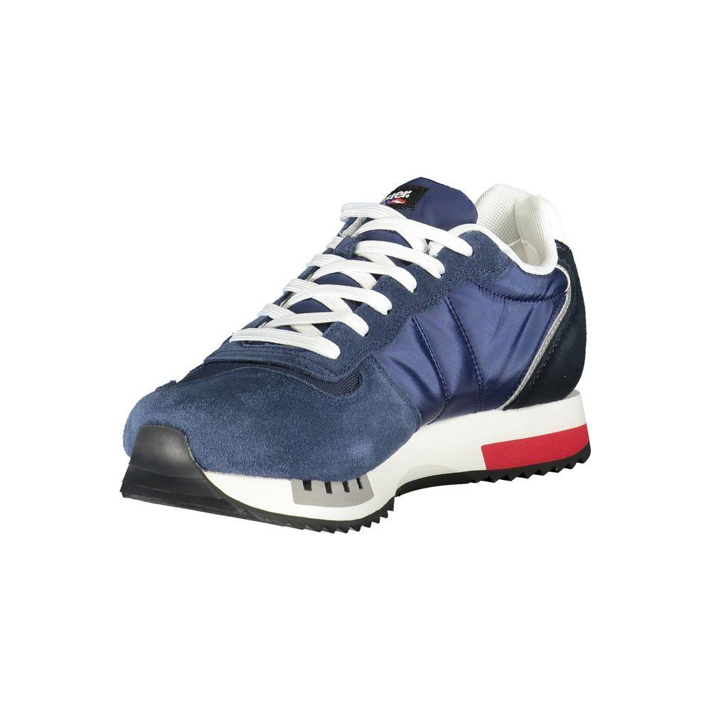 Blauer blue polyester men's sneaker with contrasting details and removable footbed, showcasing comfort and iconic logo style.