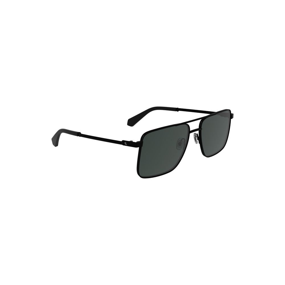 Calvin Klein black metal men's sunglasses with square smoke lenses, sleek design, and iconic style. Lens width: 58 mm.