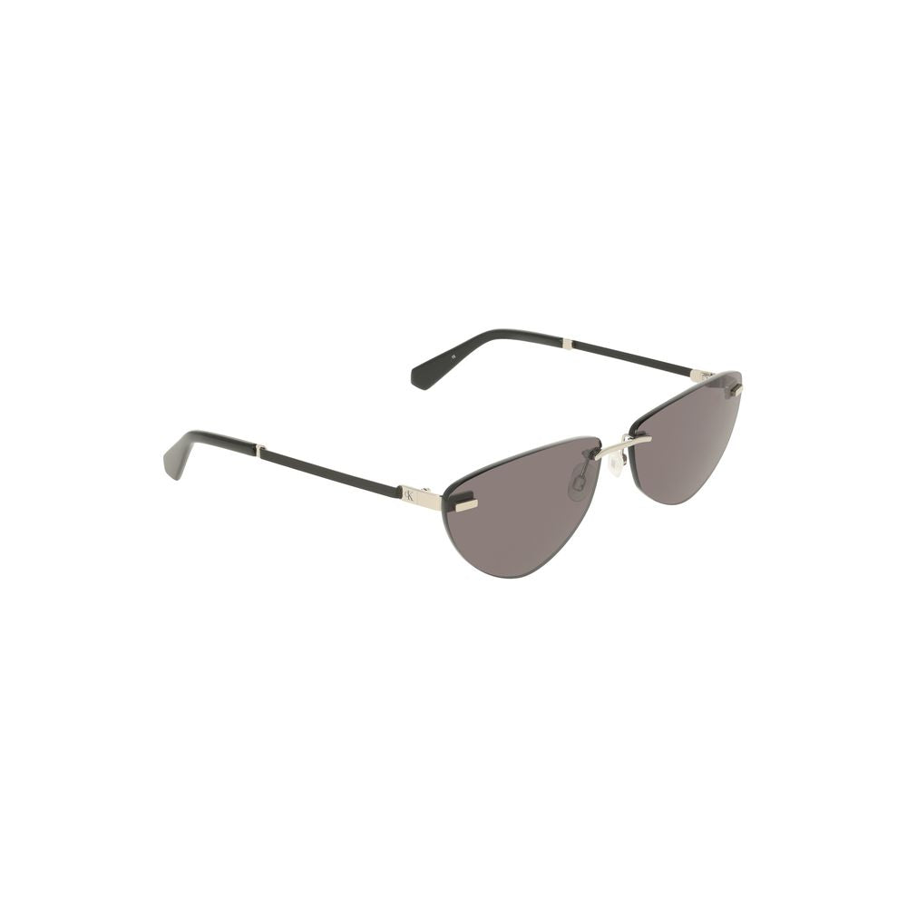 Calvin Klein black metal women's sunglasses with sleek frame and smoke lenses, featuring iconic logo, exuding timeless sophistication.