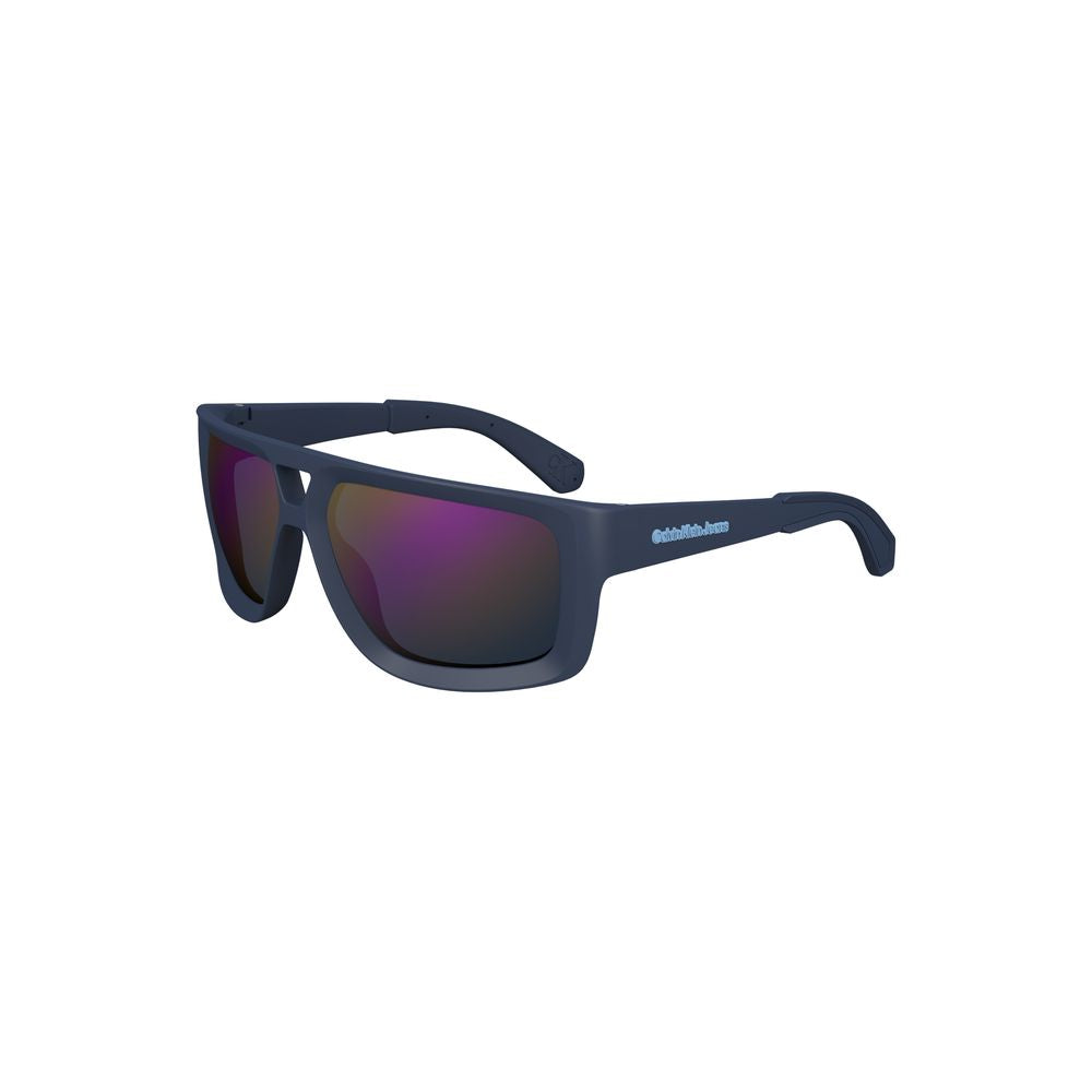 Calvin Klein blue square lens sunglasses with injected plastic frame, contrast details, lens width 60mm, bridge 14mm, temple 130mm