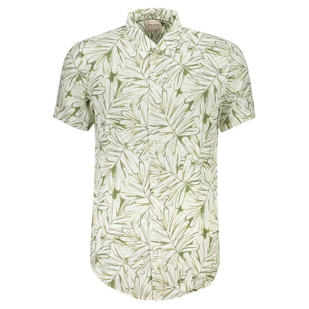 Men's Guess Jeans patterned viscose shirt in white with green leaves, featuring slim fit design and button details.