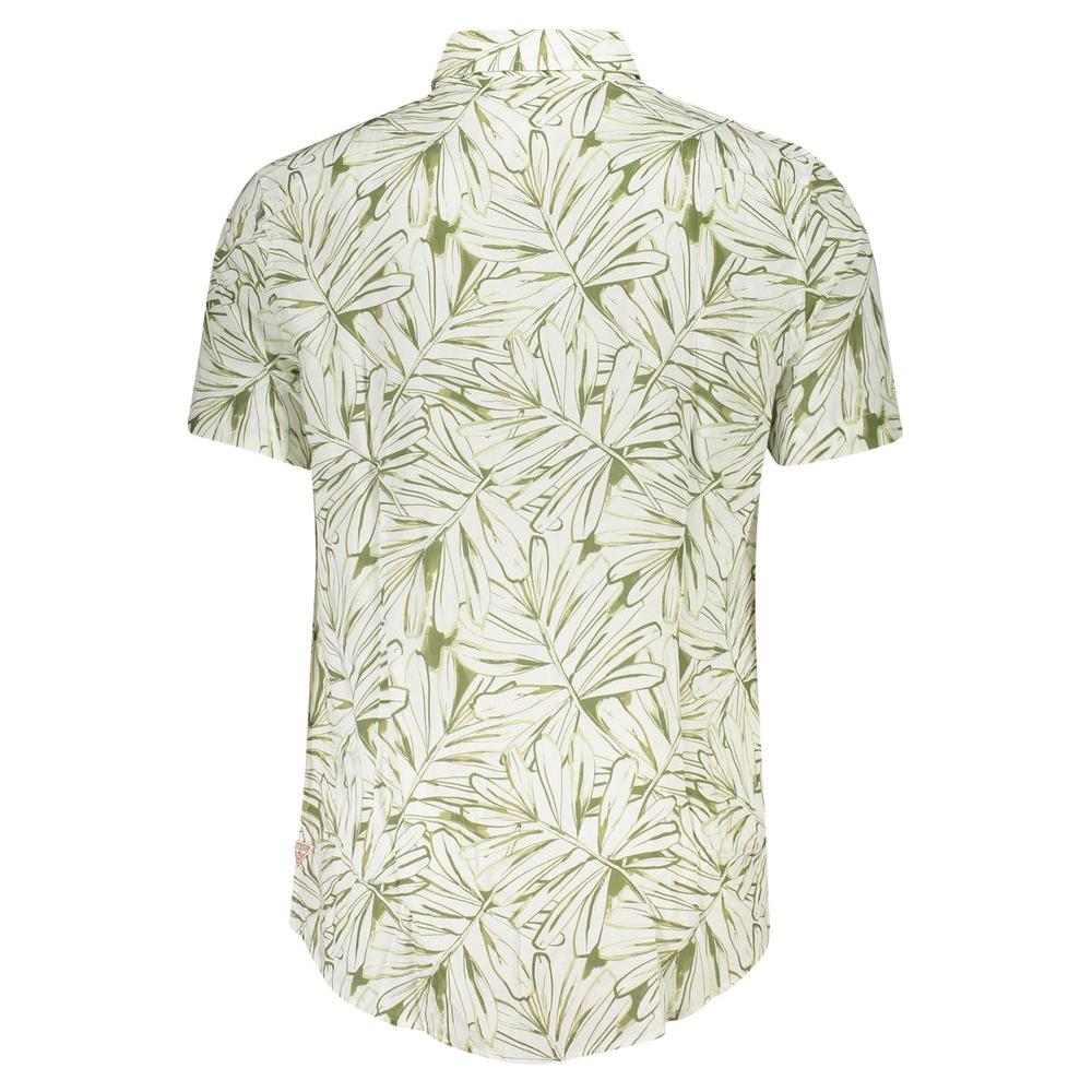 Back view of Guess Jeans white viscose men's shirt with green leaf pattern, showcasing slim fit and sophisticated design.