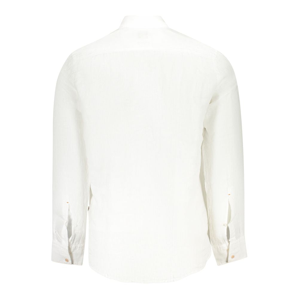 Back view of Hugo Boss white linen men's shirt with button-down collar and 2-button cuffs.
