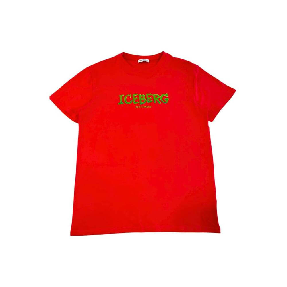Iceberg red cotton men's T-shirt with logo printed on chest, stylish and flexible for modern trendsetters.
