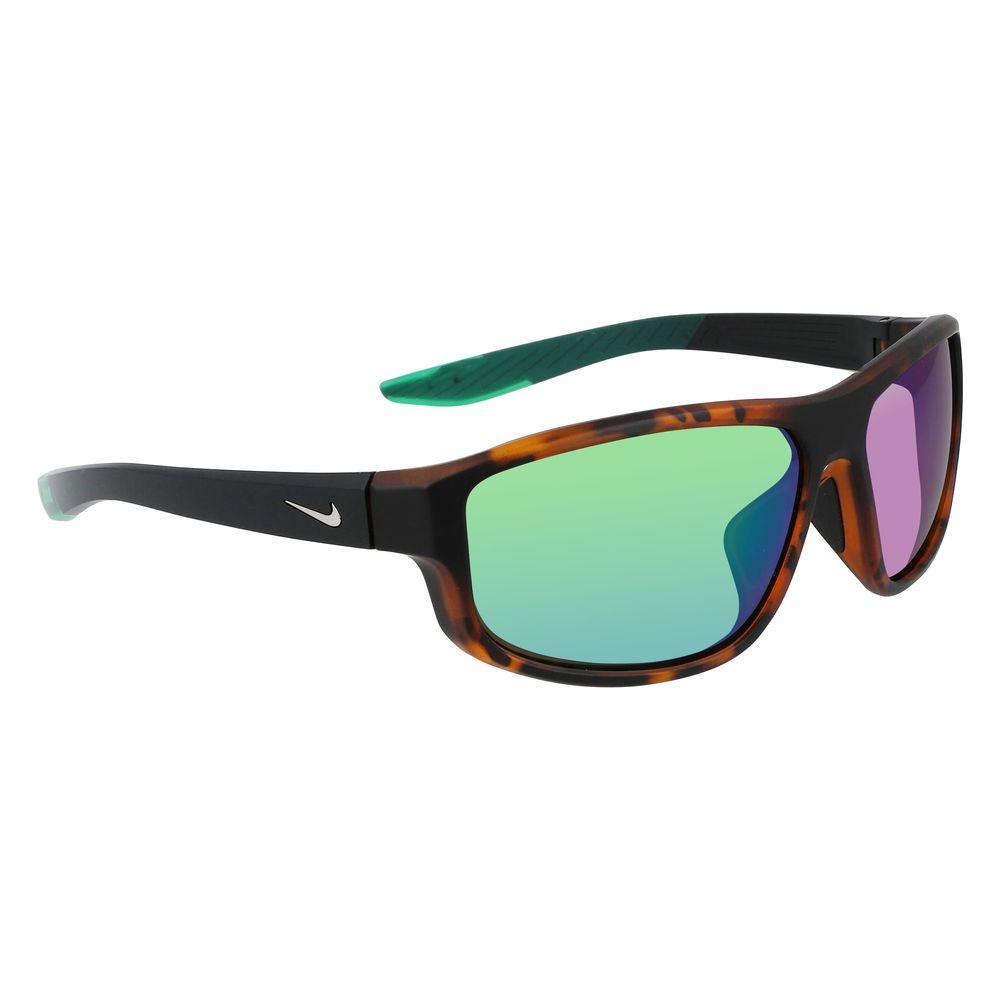 Nike brown injected sunglasses with turtle pattern, green mirrored lenses, and UV filter, featuring a stylish sporty design.