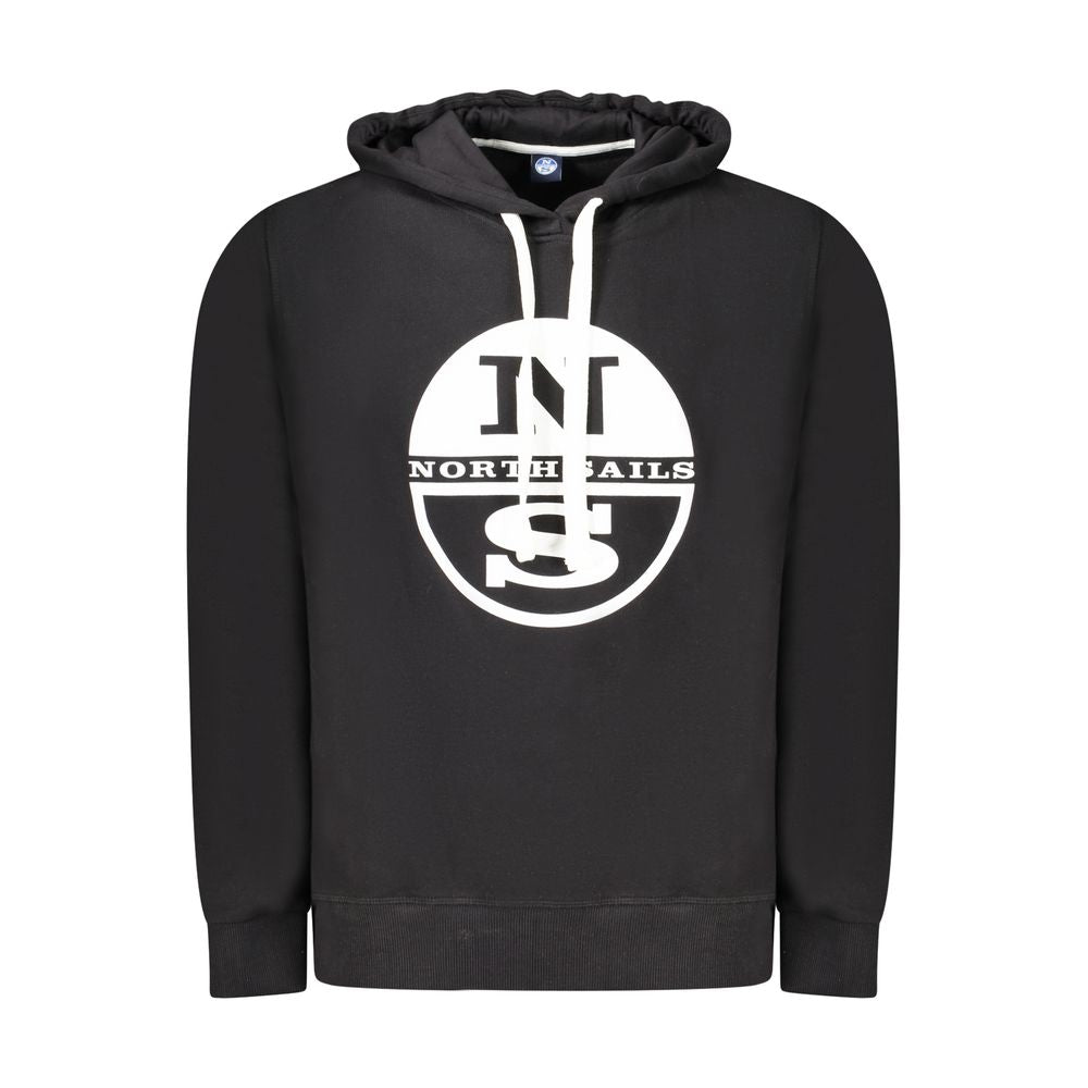 North Sails black cotton men's hoodie with front print and logo, designed for comfort and style.