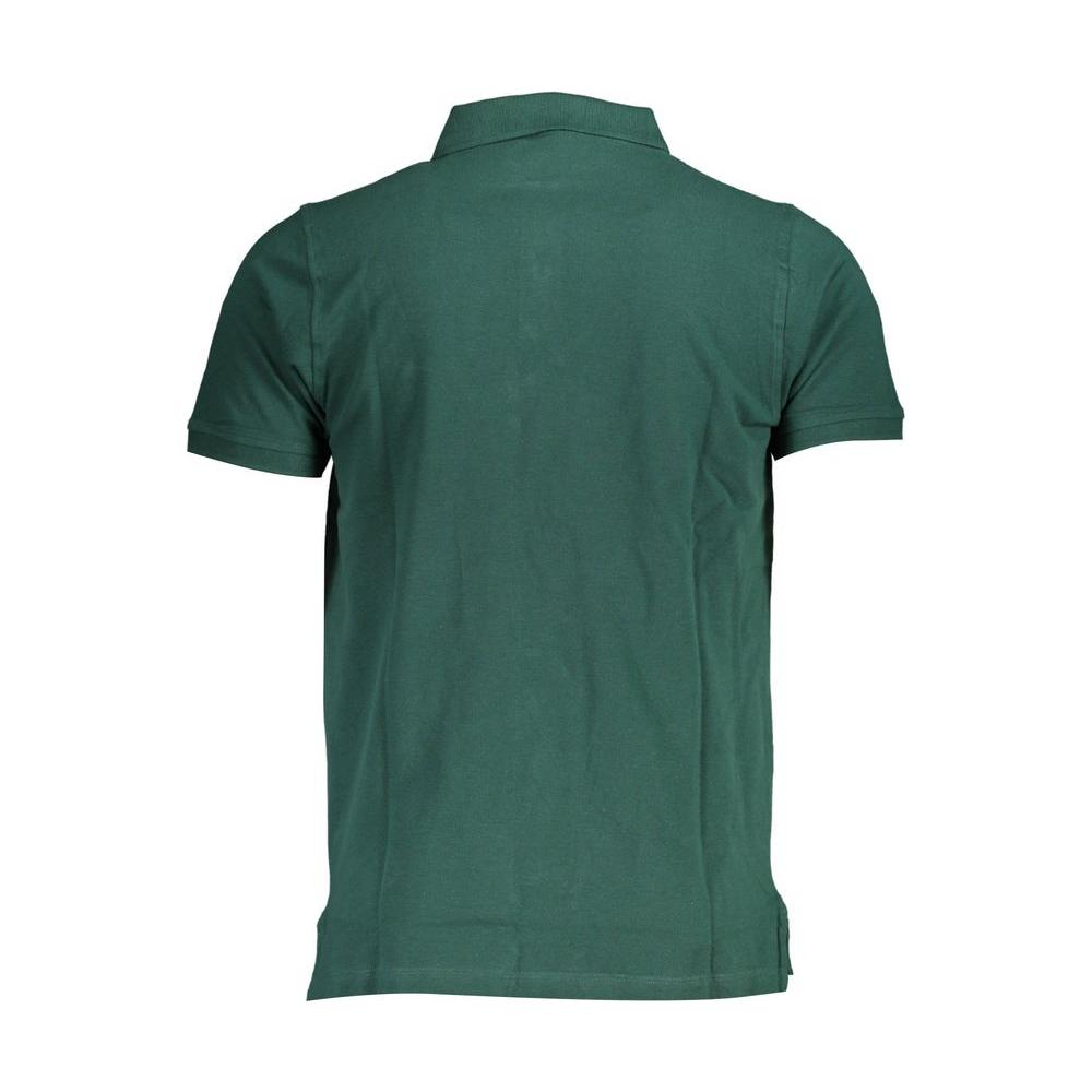 Back view of green men's cotton polo shirt from Norway 1963, featuring a classic design with short sleeves and a smart collar.