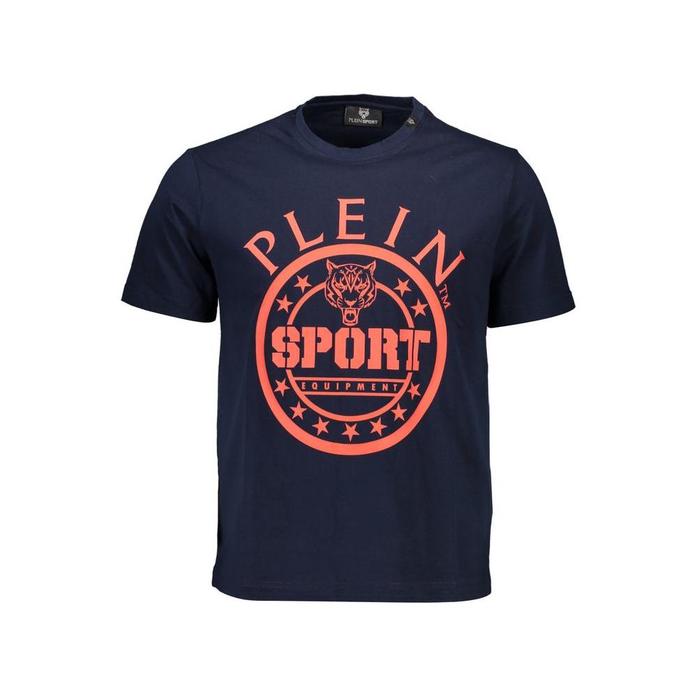 Plein Sport blue cotton men’s T-shirt featuring bold logo and contrasting print, perfect for casual and trendy outfits.