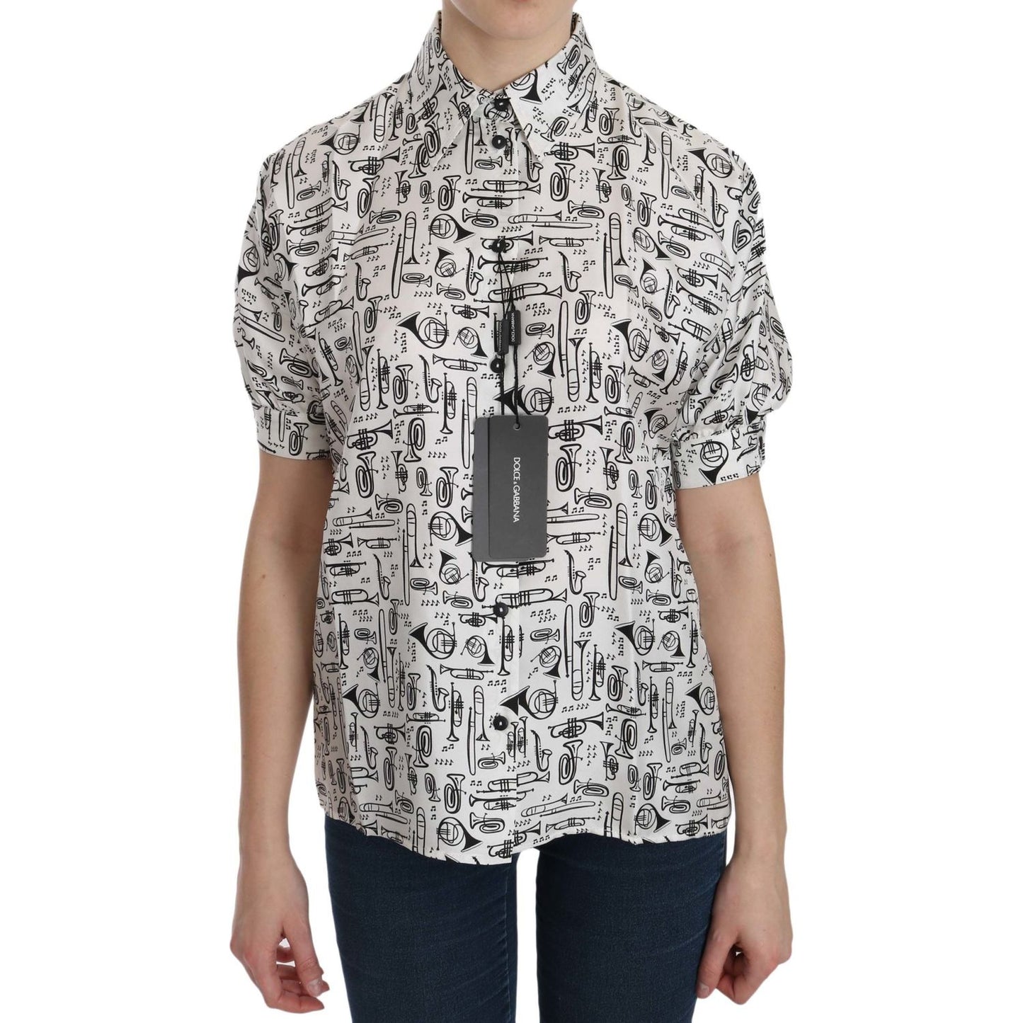 Dolce & Gabbana White Musical Instrument Collared Blouse Shirt