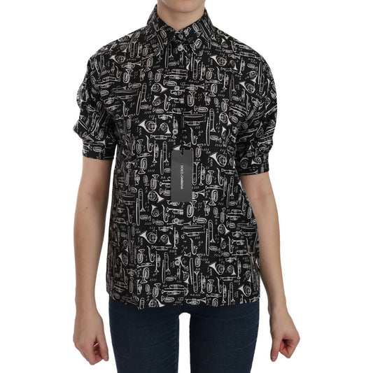 Dolce & Gabbana Black Musical Instrument Collared Blouse Shirt