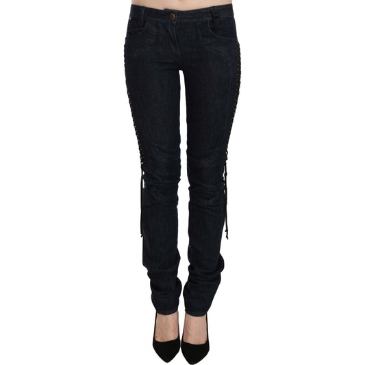 Just Cavalli Blue Low Waist Skinny Trousers Braided String Pants