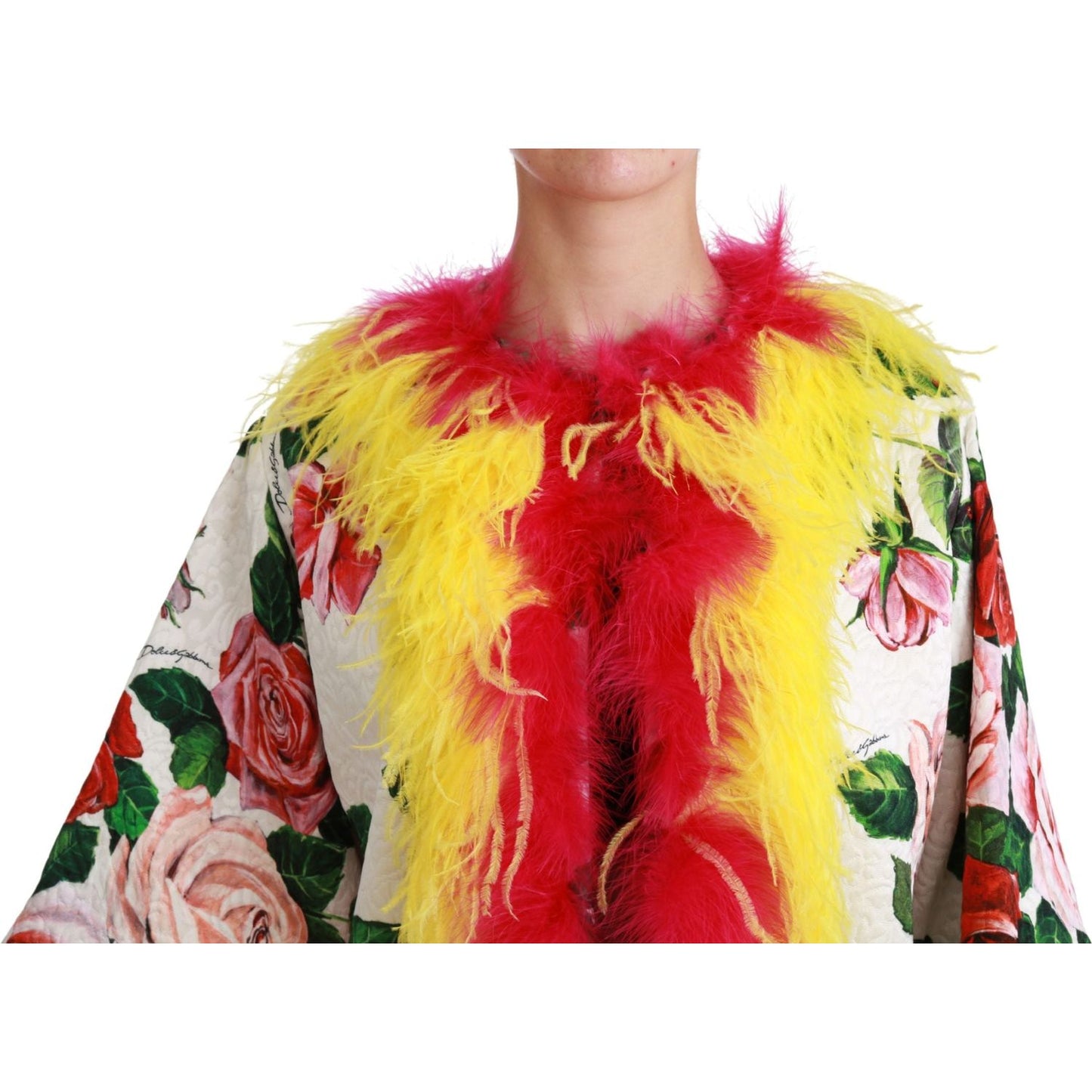 Dolce & Gabbana White Floral Coat Capte Fur Roses Jacket