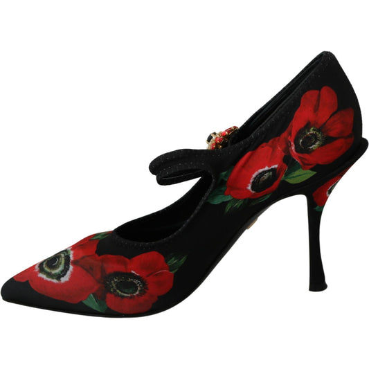 Dolce & Gabbana Floral Mary Janes Pumps with Crystal Detail Shoes Dolce & Gabbana Black