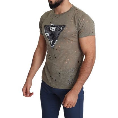 Guess Brown Cotton Stretch Logo Print Men Casual Perforated T-shirt