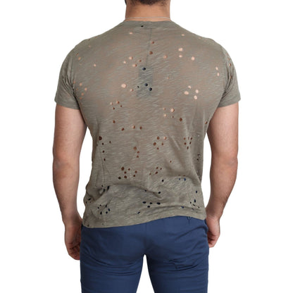 Guess Brown Cotton Stretch Logo Print Men Casual Perforated T-shirt