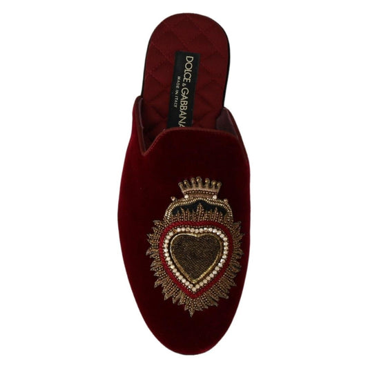 Dolce & Gabbana Red Velvet Embroidered Slides Dolce & Gabbana Black