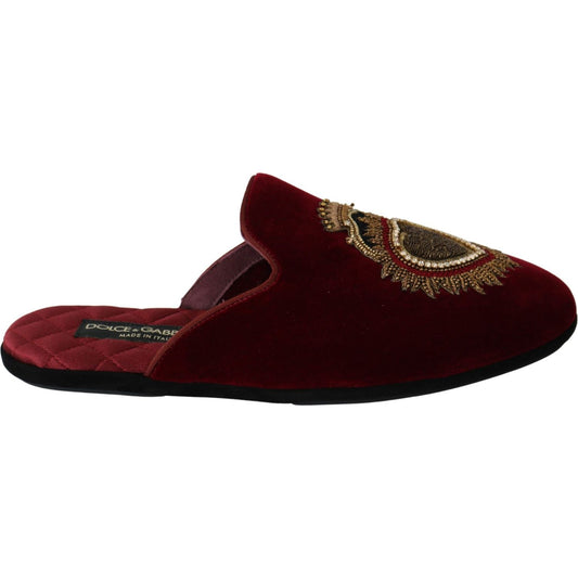 Dolce & Gabbana Red Velvet Embroidered Slides Dolce & Gabbana Black