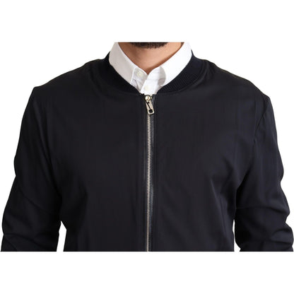Dolce & Gabbana Blue Silk Coat Short Bomber Men Jacket