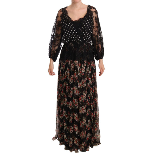 Dolce & Gabbana Elegant Lace Floral Maxi Dress with Polka Dots WOMAN DRESSES Dolce & Gabbana Black