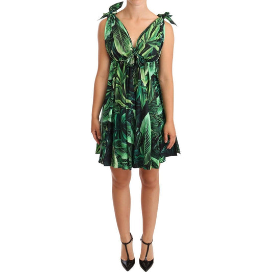 Dolce & Gabbana Elegant Flared Mini A-Line Dress in Green Leaf Print Dolce & Gabbana Dark Slate Gray