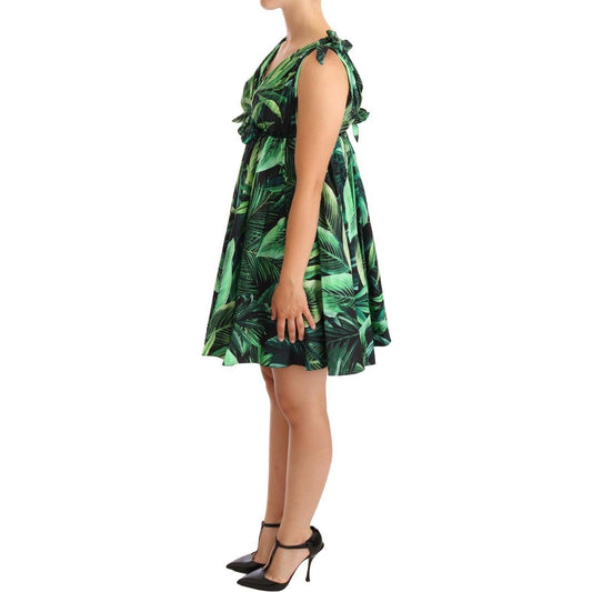 Dolce & Gabbana Elegant Flared Mini A-Line Dress in Green Leaf Print Dolce & Gabbana Dark Slate Gray