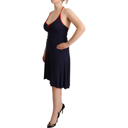 Roccobarocco Navy Blue Cotton Midi Halter Dress WOMAN DRESSES Roccobarocco Tan