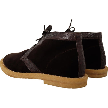 Dolce & Gabbana Brown Velvet Exotic Leather Boots