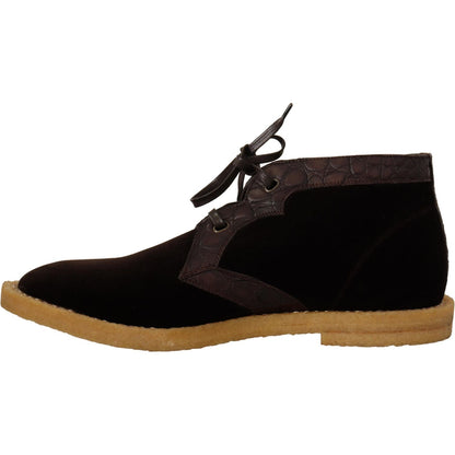 Dolce & Gabbana Brown Velvet Exotic Leather Boots