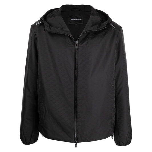 Emporio Armani Hooded jacket with zip in nylon jacquard eagle all over Jackets Emporio Armani Dark Slate Gray