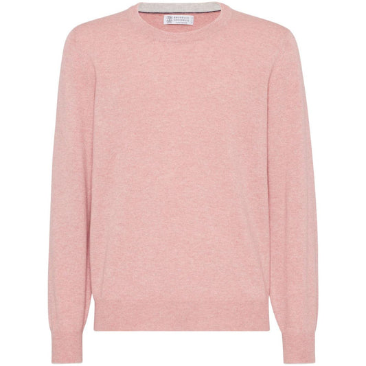 Light pink Brunello Cucinelli cashmere crewneck sweater with long sleeves and ribbed cuffs, size M/L.