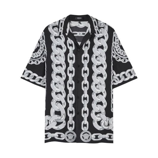 Versace Printed Silk Medusa Chains Bowling Shirt Shirts Versace Dark Slate Gray