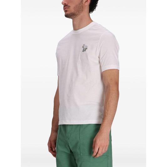White PS By Paul Smith t-shirt with zebra logo, crew neck, short sleeves, worn by model in green pants, size M, cotton fabric.