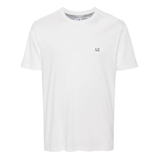 C.P. Company white cotton t-shirt with logo print on chest and signature Goggles print on back, crew neck, short sleeves.