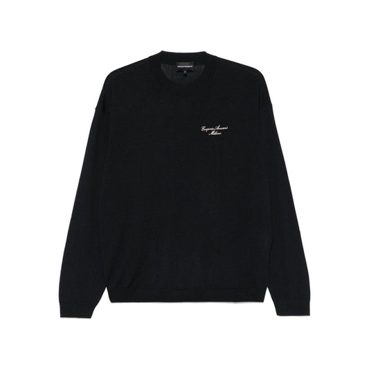 Emporio Armani Wool Blend Crewneck Sweater with Logo Topwear Emporio Armani Black