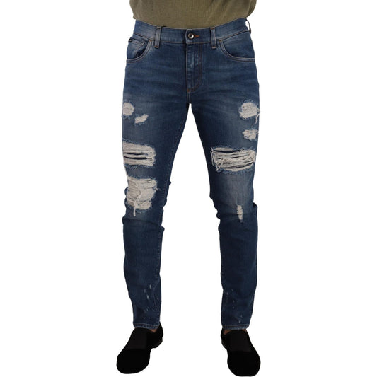 Dolce & Gabbana Elegant Distressed Slim Fit Denim Jeans Dolce & Gabbana Dark Slate Gray