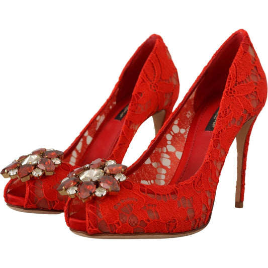 Dolce & Gabbana Red Crystal Taormina Lace Heels Pumps Dolce & Gabbana Firebrick