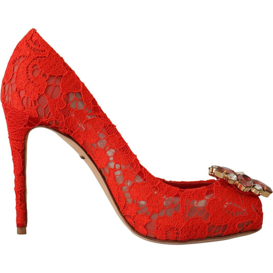 Dolce & Gabbana Red Crystal Taormina Lace Heels Pumps Dolce & Gabbana Firebrick