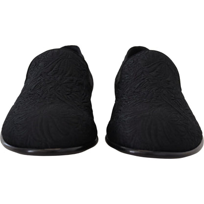 Dolce & Gabbana Black Floral Jacquard Slippers Loafers Shoes