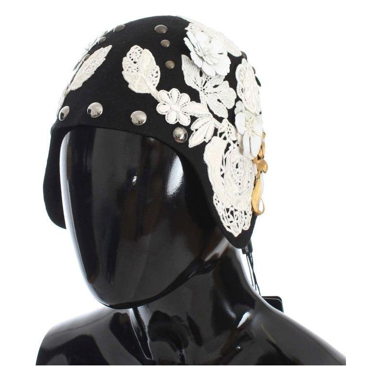 Dolce & Gabbana Black Wool White Floral Gold Leaf Hat
