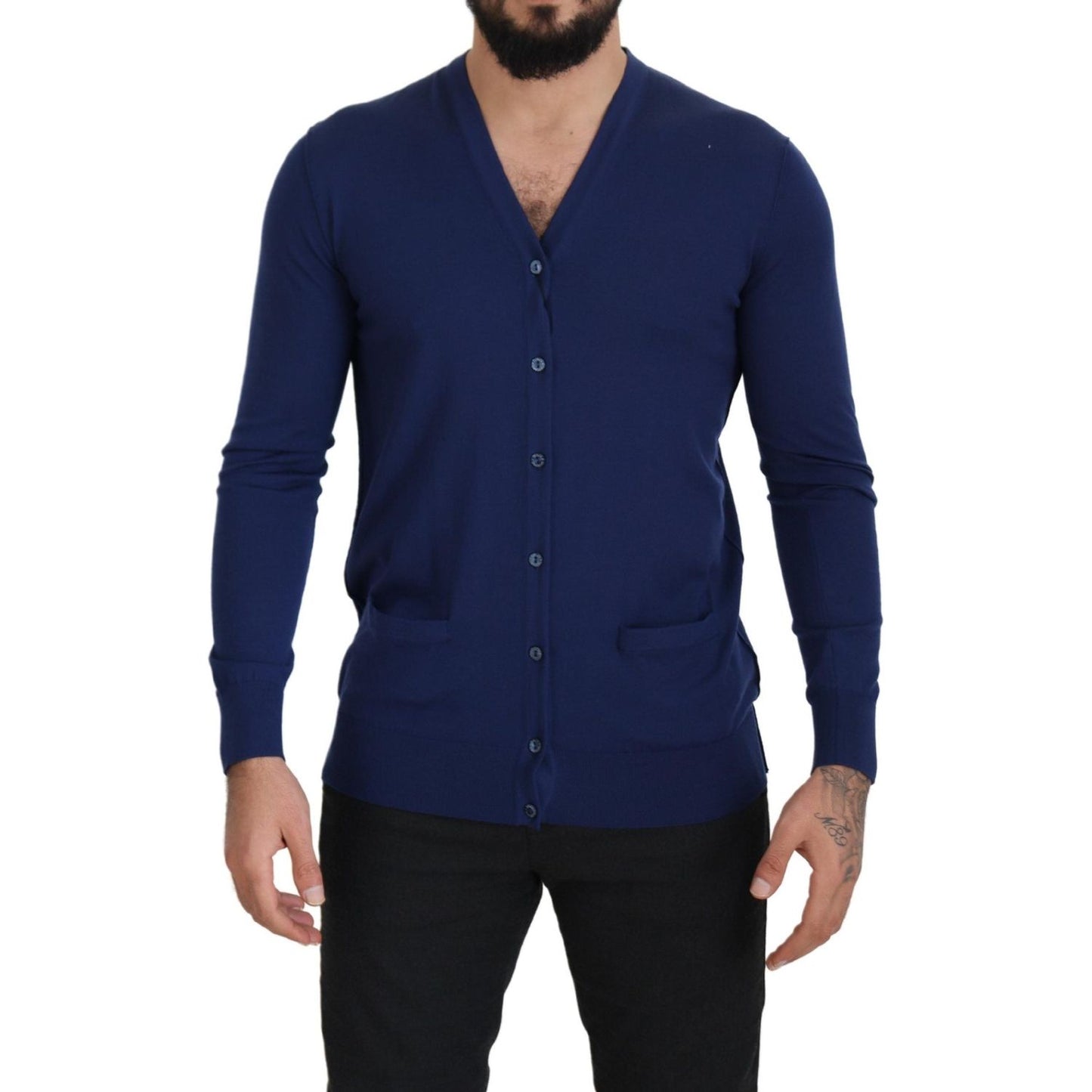 Dolce & Gabbana Blue Wool V-neck Button Down Cardigan Sweater