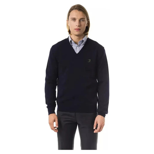 Uominitaliani Blue Merino Wool Men Sweater Uominitaliani Black